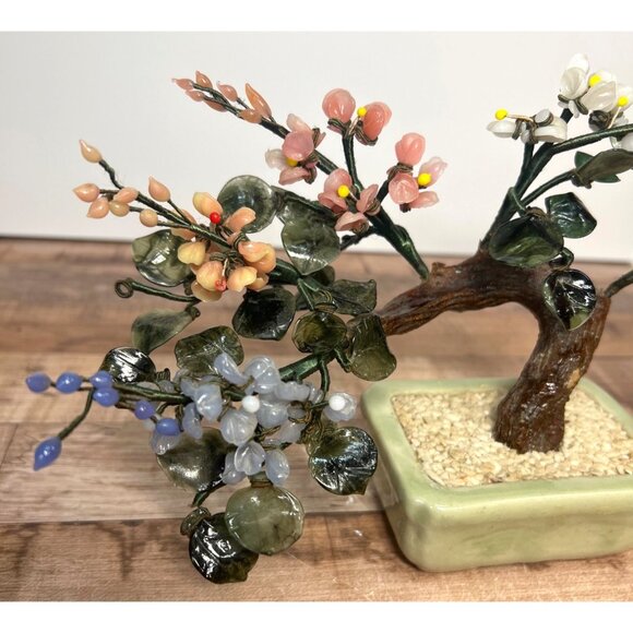 Gemstone Bonsai Tree Ornament With Multicolored Flowers In Ceramic Pot - Picture 3 of 8